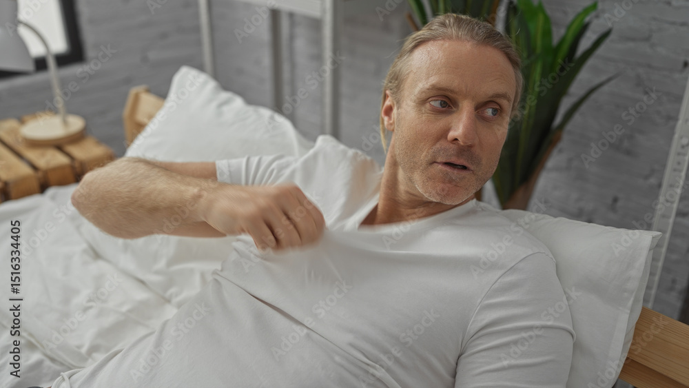 Obraz premium Mature caucasian man with blonde hair in a white shirt sitting on a bed indoors in a modern bedroom setting with a plant in the background and wooden furniture.