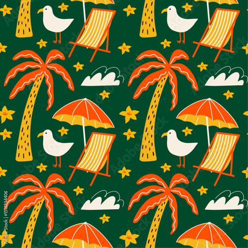 Tropical aesthetic, summer vacation vibes, holiday themed seamless vector pattern with cute groovy funky cartoon illustration of sea beach objects, palm tree, exotic flowers, seagull
