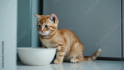 Small ginger Scottish Fold kitten sitting beside an empty bowl  