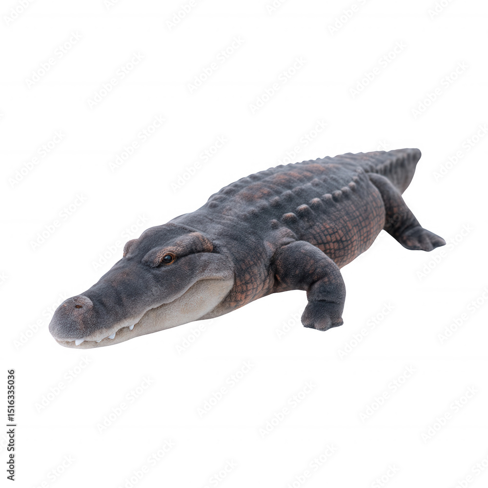 Naklejka premium A realistic plush crocodile toy with detailed textures, showcasing its distinctive features in a playful pose against a white isolated background.