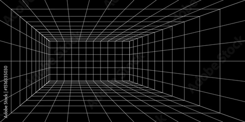 3d wireframe perspective grid room template design vector illustration background. Empty 3 dimension virtual room with perspective wireframe grid geometric sketch. Cyber virtual line interior frame.