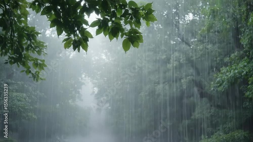 Rainfall creating rhythmic patterns in a dense green forest  