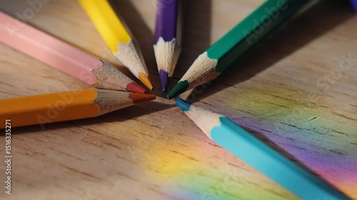 Colorful pencils arranged in a circle on wooden surface with light refraction  