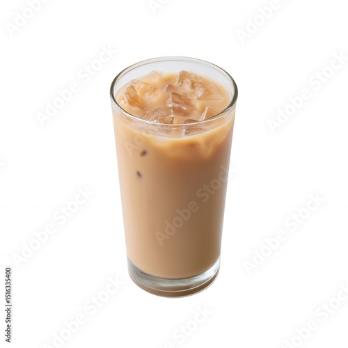 A refreshing glass of iced coffee with ice cubes, perfect for hot days. The creamy texture and rich flavor make it an ideal choice for coffee lovers.
