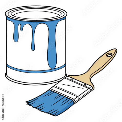 Blue paint can with dripping paint and brush for home improvement projects