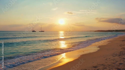 Serene beach with sunset over calm waters and distant sailboats  