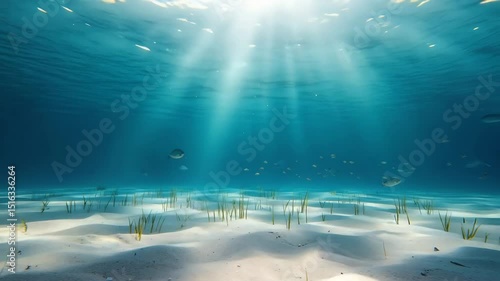 Underwater scene with sunlight rays illuminating sandy ocean floor  