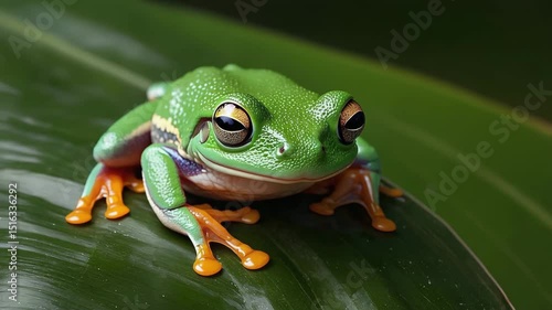 Green tree frog sitting on large green leaf outdoors