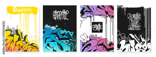 Graffiti poster collection with tags, paint splatters and scribbles. Street art backgrounds and artistic covers in hand-drawn style