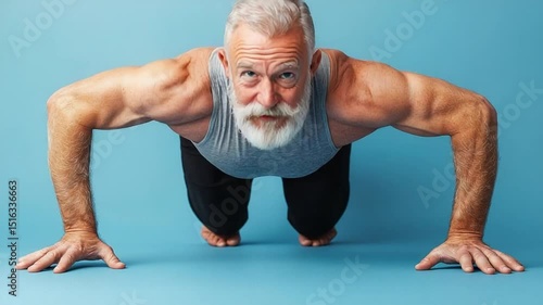 Fit Senior Man Doing Push-Ups for Strength Training and Fitness Improvement in a Bright Blue Background