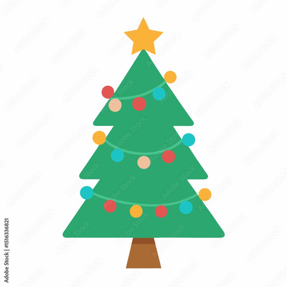 Fototapeta premium Festive Christmas tree with lights vector icon on white background.