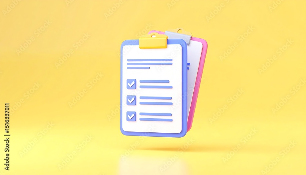 Checklist with 3D Render, and Yellow Background. Checklist with 3D Render, and Yellow Background.