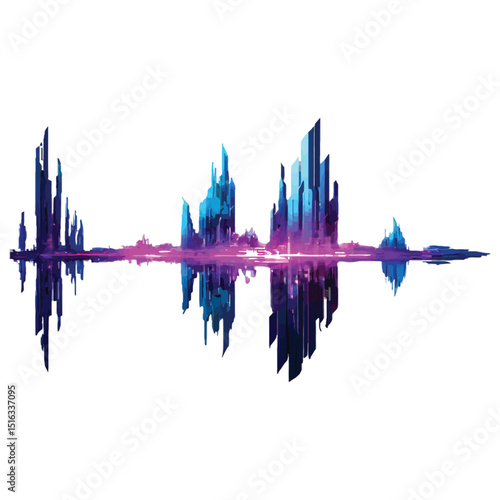 Cyberpunk Fire Clipart with Glitch Effects and Neon Magenta Teal Flames on Transparent Background. a city with a sound wave in the background. city skyline in the night