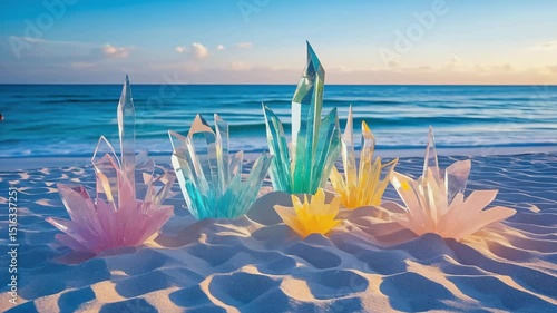 Beautiful colorful glass sculptures geen and yellow color is on the white beach , sea background , 4K video