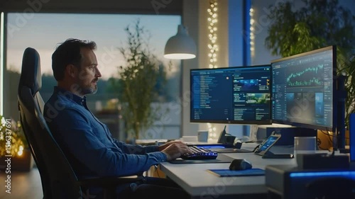 Professional man working on computer with multiple displays in modern office during evening hours