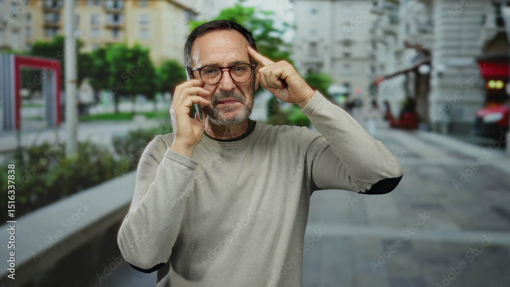 Mature man with glasses stands on city street making thinking gesture while talking on smartphone, surrounded by urban buildings and greenery. Mature man with glasses stands on city street making thinking gesture while talking on smartphone, surrounded by urban buildings and greenery.