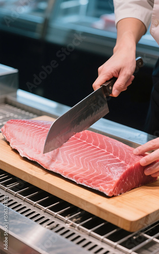 A piece of raw blue fin tuna fillet is being cut.