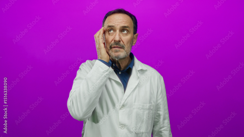 Hispanic man in white coat looks surprised against isolated pink background, capturing expression and emotion vividly. Hispanic man in white coat looks surprised against isolated pink background, capturing expression and emotion vividly.