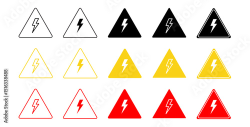 High voltage sign set.Thunderbolt, warning sign. Dangerous electrical voltage icon set. High-voltage sign, danger of electricity icons. High voltage icon vector illustration on transparent