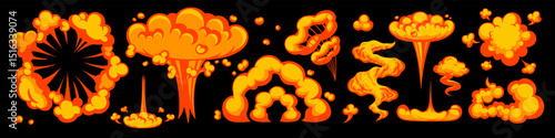 Cartoon fire explosion with bomb blast, flame and smoke cloud effect on black background. Vector Comic explosion set. Great for games, motion effects, comics, and stickers