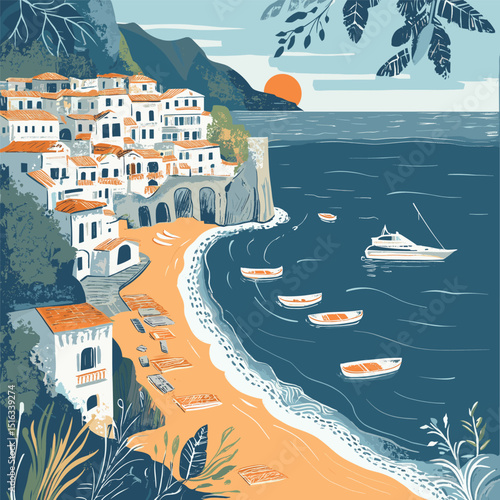Coastal village illustration with sea, boats and sunset