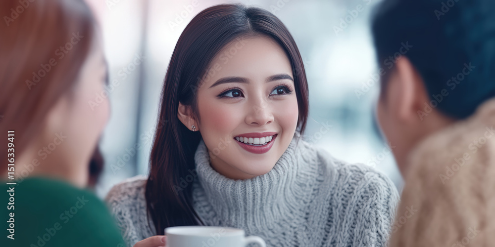 Obraz premium Young woman in a cozy sweater is smiling while holding a mug, engaging in conversation with others. Social interaction, warmth, friendliness, pleasant moment