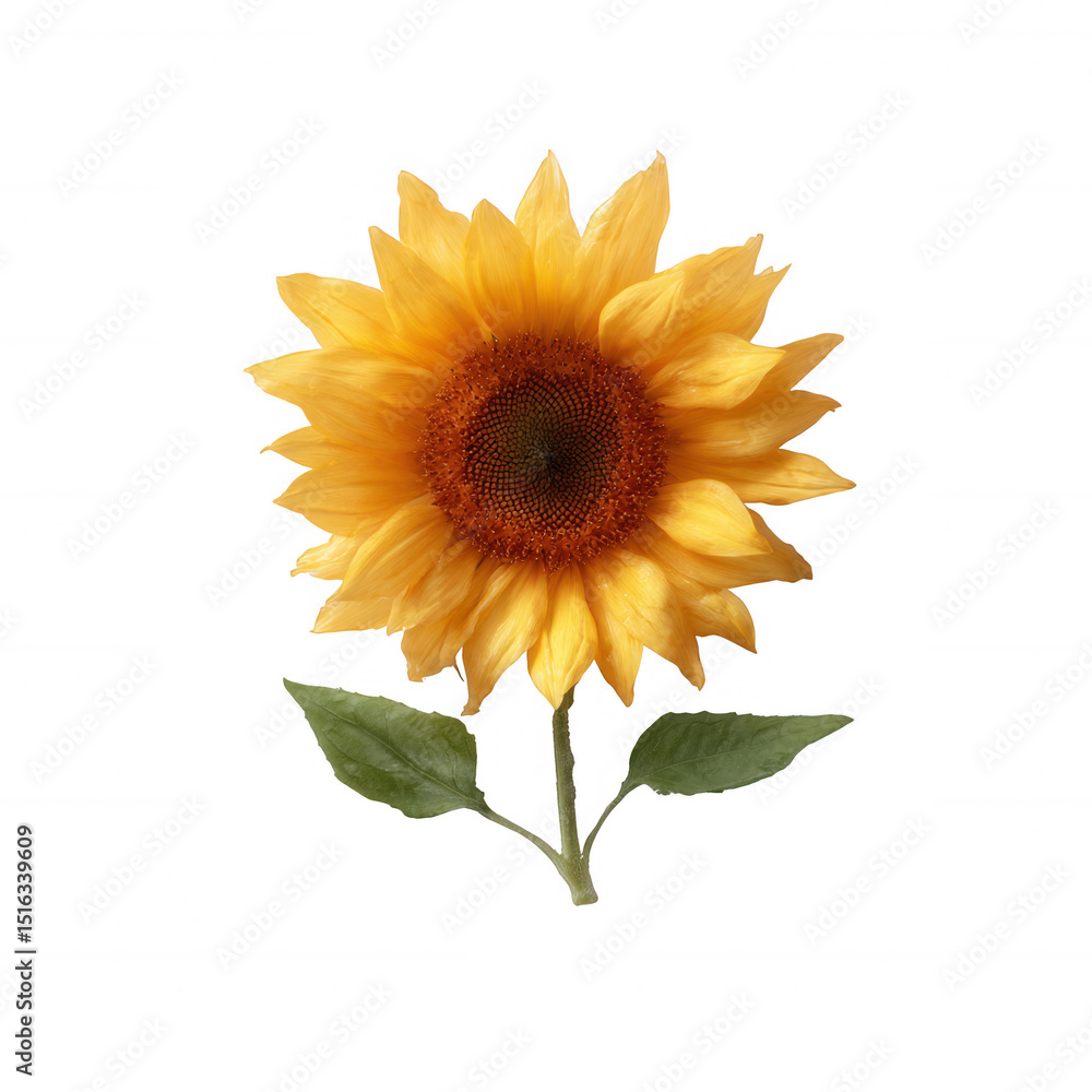 Fototapeta premium A vibrant sunflower with bright yellow petals and a rich brown center, showcasing its natural beauty against a white isolated background.