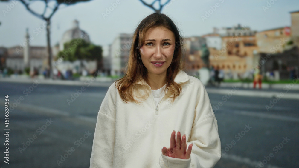 custom made wallpaper toronto digitalYoung woman in white sweater with uncertain expression stands outdoors on a city street, surrounded by classic architecture and soft lighting, while holding up her hand in a stop gesture.