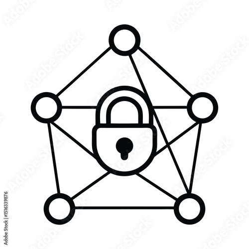 Secured network icon featuring a padlock and connected nodes illustrating data protection and cyber security