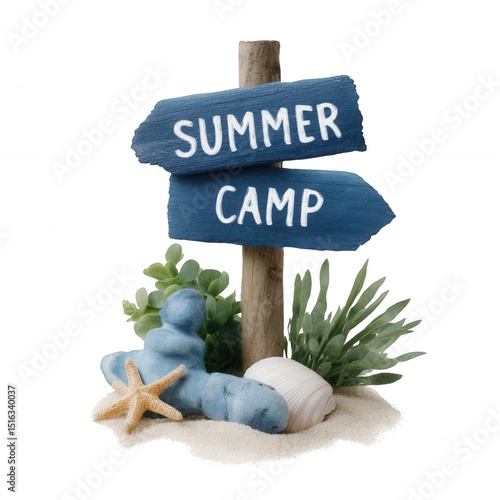 A whimsical summer camp sign with blue arrows, set against a sandy background adorned with seashells and greenery, evoking a fun and adventurous outdoor vibe.