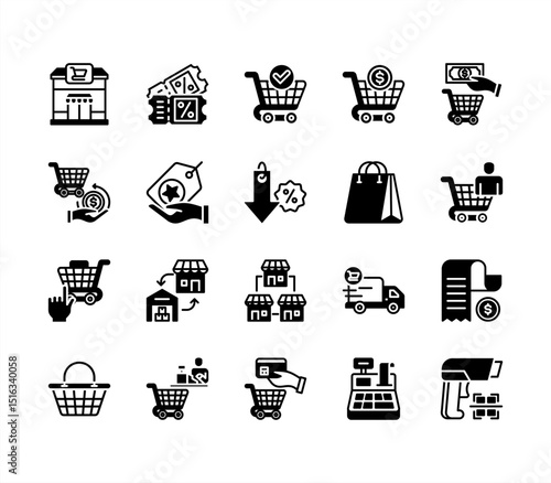 Supermarket icon collection set. Containing trolley, basket, grocery store, grocerant, parking area, self service, consumer icon. Simple flat vector.