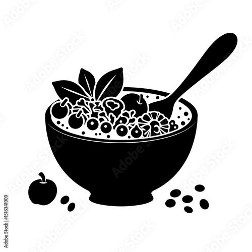 Silhouette of smoothie bowl with toppings and spoon, healthy breakfast concept