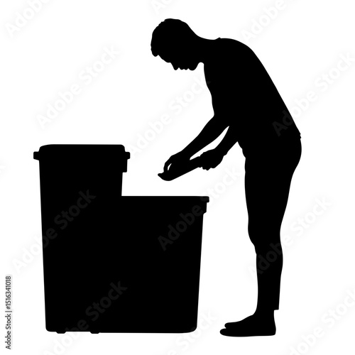 Silhouette of person composting with tray, waste reduction, eco-friendly lifestyle
