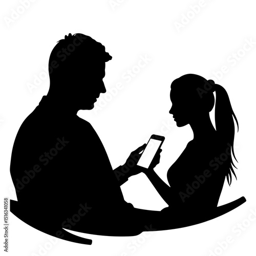 Silhouette of couple using smartphone, digital interaction and communication