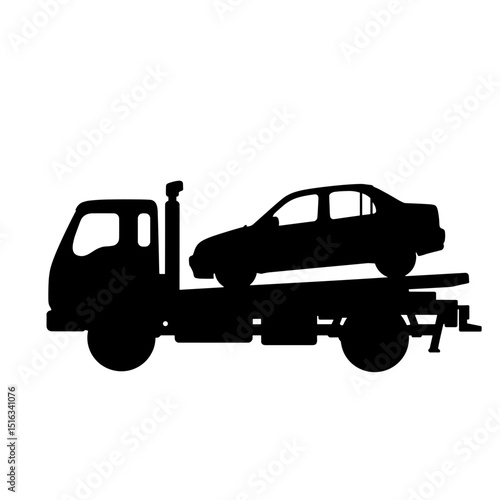 Tow truck silhouette lifting car, roadside assistance and vehicle transport