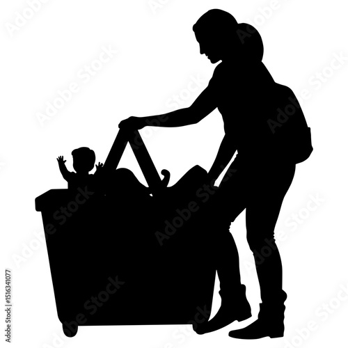 Silhouette of person reaching into basket on white background, customer reward concept