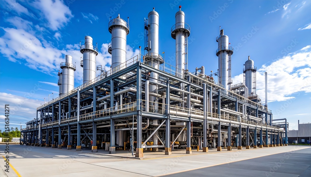 Obraz premium Industrial facility under bright blue sky.