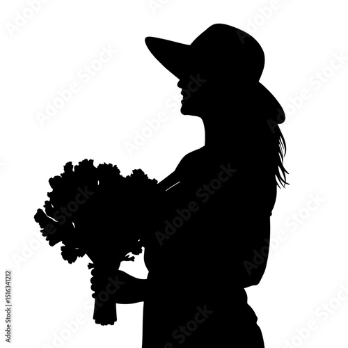 Silhouette of woman holding kale with sunhat, healthy lifestyle and farming