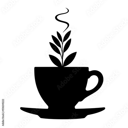 Silhouette of Herbal Tea Cup with Steam on White Background, Wellness Symbol
