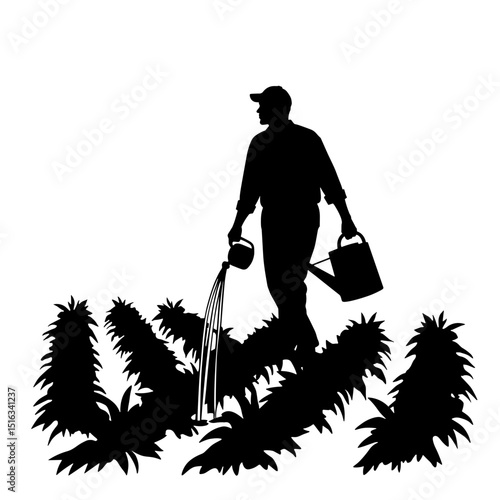 Silhouette of man watering crops with can, organic farming, copyspace