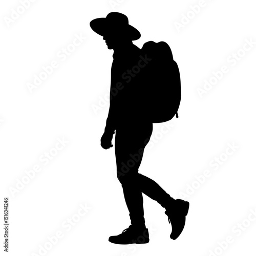 Silhouette of hiker with backpack and hat on white background, outdoor adventure gear