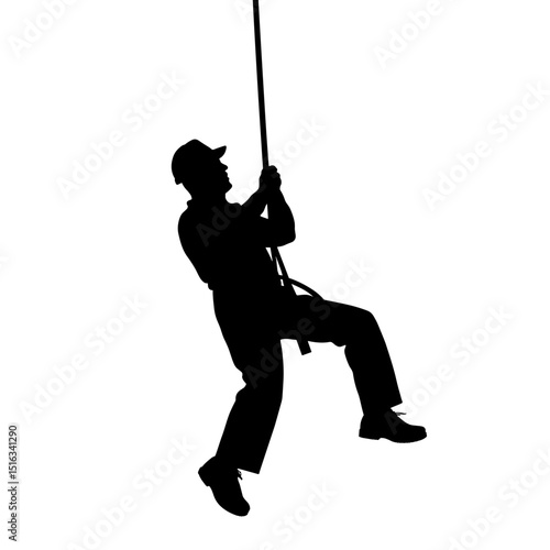 Silhouette of window washer on harness, high-risk work safety concept