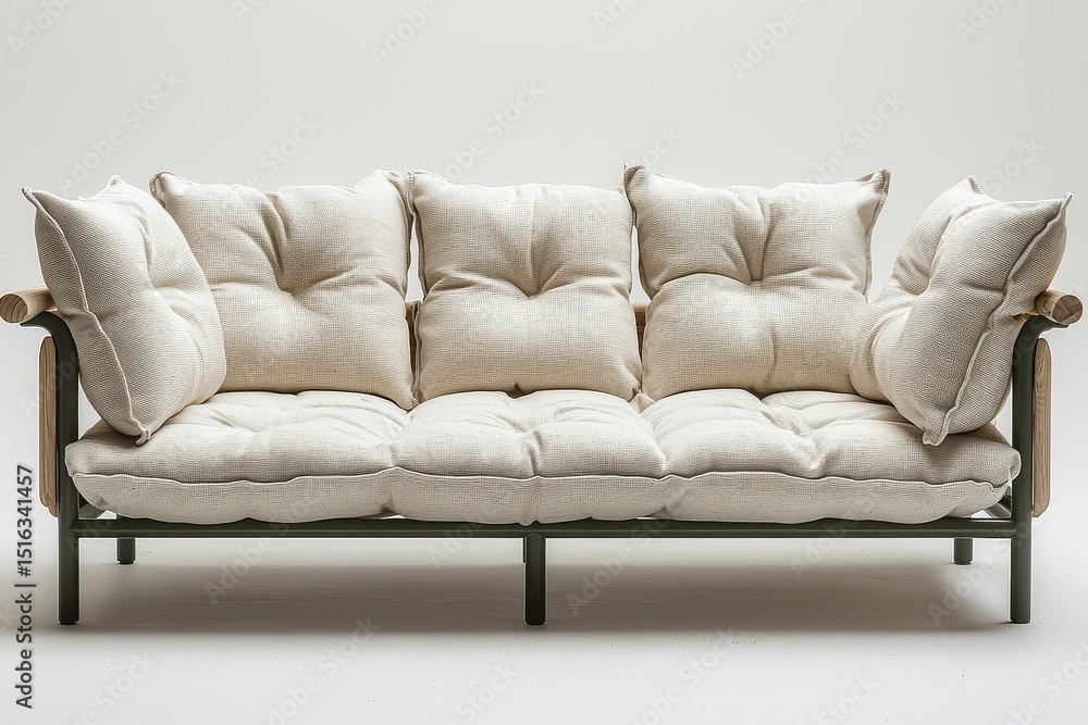 Fototapeta premium Modern white metal-framed sofa with beige cushions, wooden legs and armrests for living room or outdoor garden setting