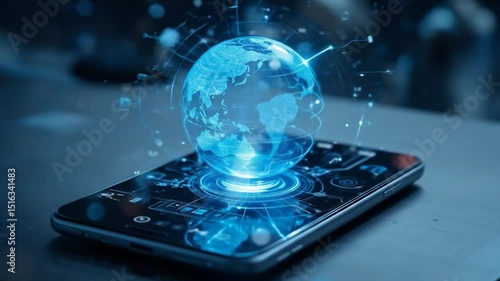 Wallpaper Mural Futuristic Smartphone Features Digital Holographic Globe With Advanced Interface Elements On Slim Screen. 4k video Torontodigital.ca