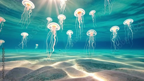 Underwater jellyfish swimming gracefully in turquoise ocean water  