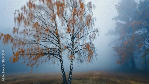 Leafless tree standing alone in foggy landscape during autumn  