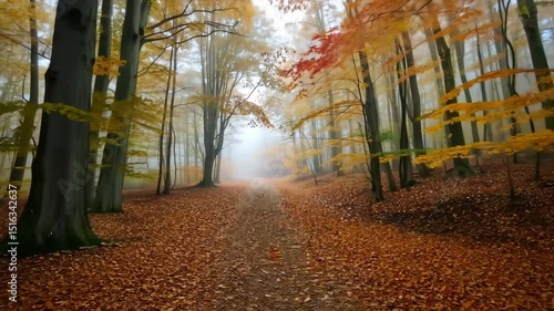 Misty autumn forest pathway with colorful leaves in the background  