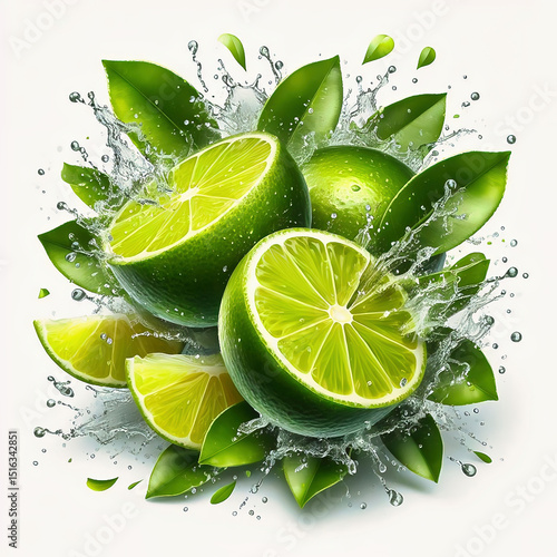 Bright green limes, surrounded by dripping water, with vibrant leaves. Indulgence