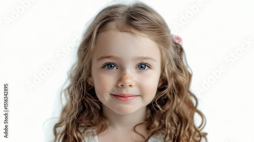 Close-up portrait of a smiling young girl with blue eyes and curly brown hair against a white background.
