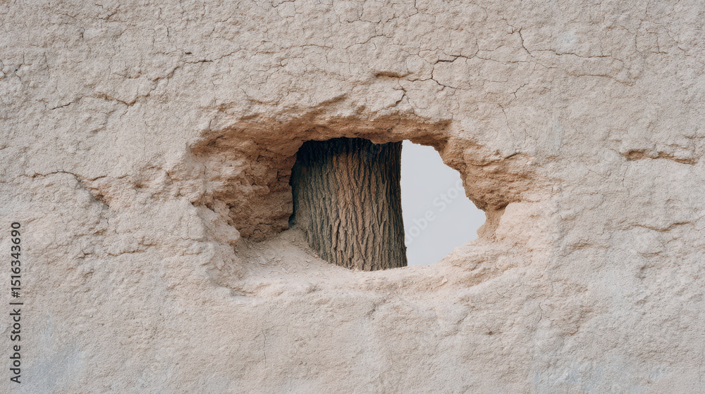 Fototapeta premium Close up view of tree trunk seen through hole weathered, cracked wall, highlighting contrast between natural and man made